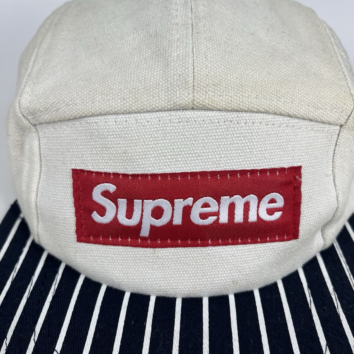 帽子 Supreme - Stripes 5-Panel 16AW Supreme Hat Cap White 5 Panel Canvas Striped Mens | eBay