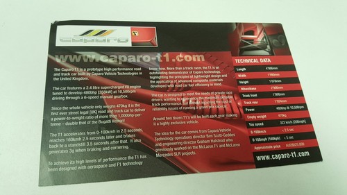 CAPARO T1 PROTOTYPE Sports Car Promo Card - Picture 2 of 2