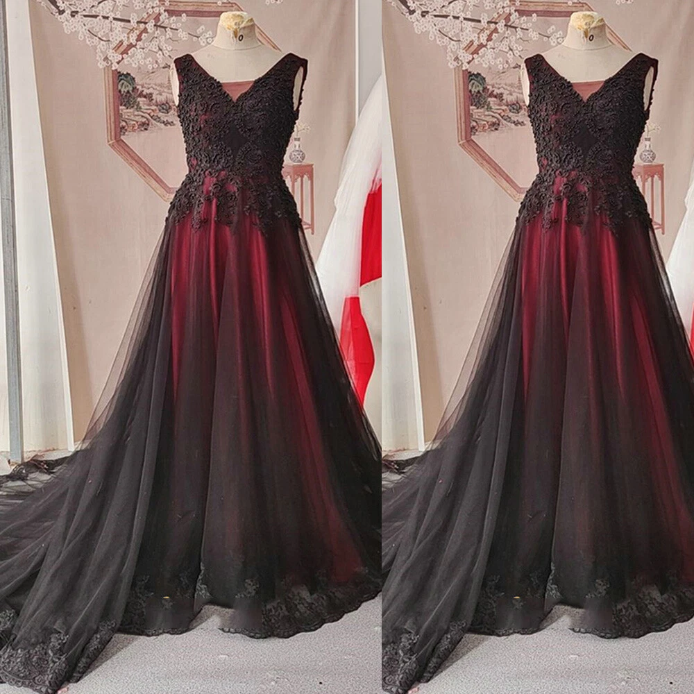 Black And Red Wedding Dresses Gothic Lace Appliques V Neck Bridal Gowns  Size 12