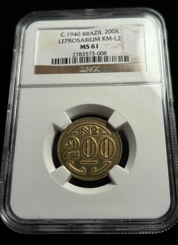 NGC MS 61 Brazil c. 1940 200 Reis Colonia Santa Teresa Leprosarium Coinage Leper
