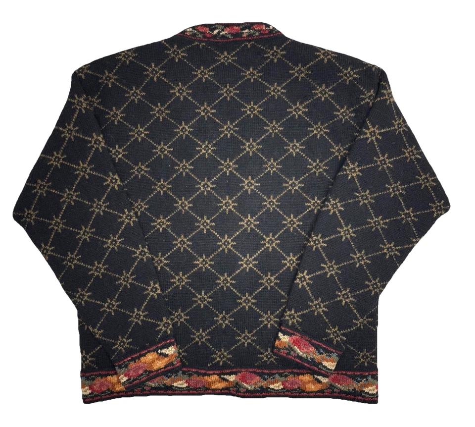 Suéter de lana vintage Icelandic Designs para mujer talla grande cárdigan floral negro Foto 2 de 4