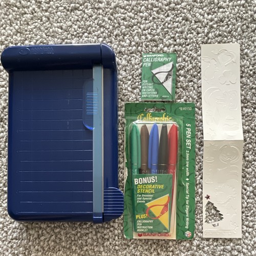 Creative Memories Blue Scrapbooking Paper Trimmer Cutter w/ 5 Pen Set & Stencil