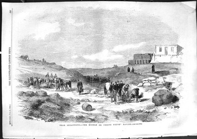 Alter antiker Druck 1855 Szene Perle Sebastopol Weißes Haus Schlucht Pferde 19.