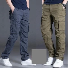 Mens Cargo Combat Work Trousers Pockets Loose Machine Washable Straight Pants