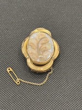 Medium Antique Victorian Hairwork Mourning Brooch Pin Glass Safety Chain