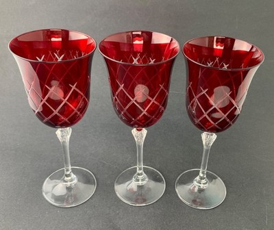 Ruby Red Wine / Water Cut to Clear Drinking Glasses  set of 3