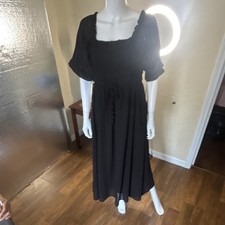Indigo Rose Black Polka Dot Smocked Ruffle Long Dress Square Neck Puff Sleeve L