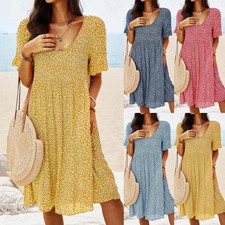 Womens Boho Floral Midi Dress Ladies Summer Holiday Casual Sun Dresses Plus Size