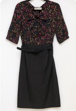 Trina Turk Dress Sz 6 Silk Blend Stars Bow Top Black Belted Pencil Bottom Lined