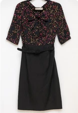 Trina Turk Dress Sz 6 Silk Blend Stars Bow Top Black Belted Pencil Bottom Lined