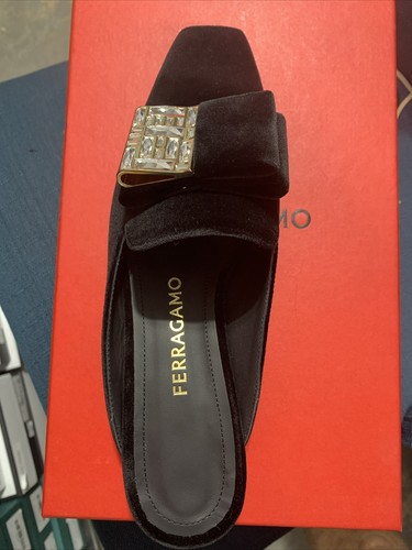 Salvatore Ferragamo Black Leat Double bow W Crystal Suede mules slide flats 6.5C - Picture 7 of 9
