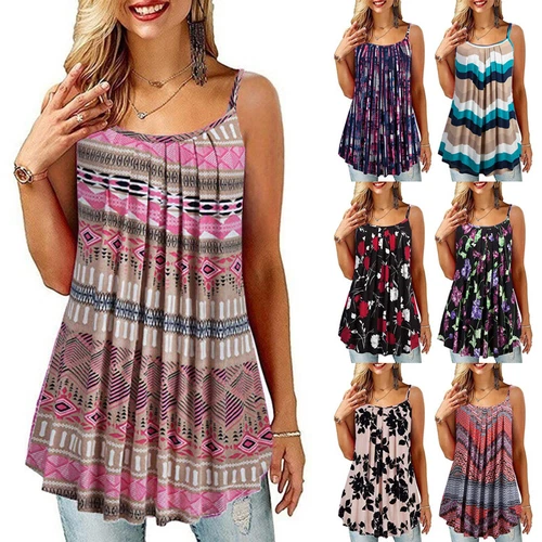 Summer Women Sleeveless Vest Tank Tops Floral Print T Shirt Tunic Blouses Tee