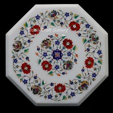 12" Marble Side Table Top Semi Precious Stones Pietra Dura Inlay Handmade