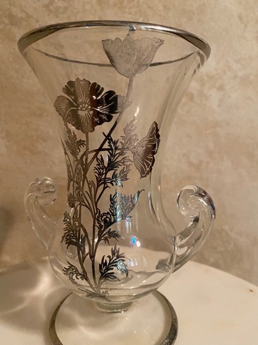 Flanders Clear Double Handled Vase with Silver Floral overlay - Picture 4 of 9