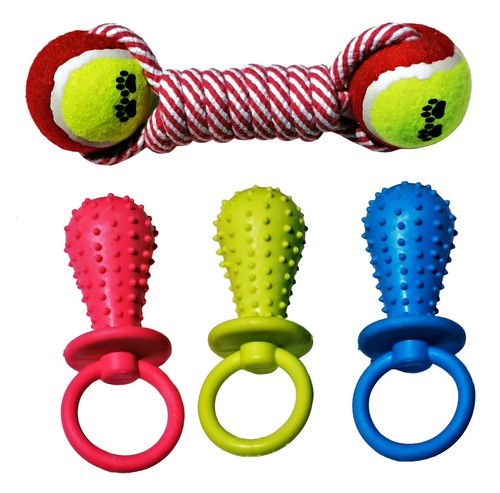 4 Pack Rubber Pacifier Pet Toys Dog Puppy Chew Toy Bell Sound Double Tennis Ball - Picture 4 of 6