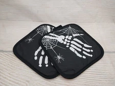 New! Skeleton Hands Halloween Spider Webs Fall Kitchen PotHolder Set of 2 Black