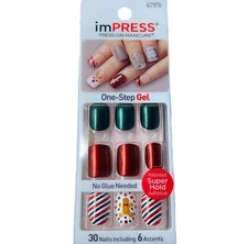 NEW Kiss Nails Impress Press On Manicure Short Gel Red Gingerbread Christmas