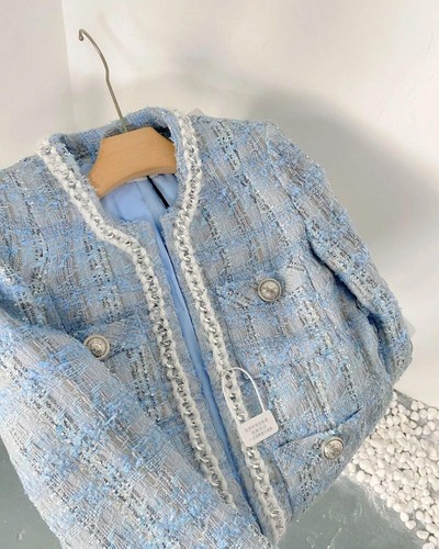 Damen Frühling Herbst Gewebt Wolle Tweed Kurz Jacke Anzug Büro Trenchcoat Blau - Bild 13 von 20