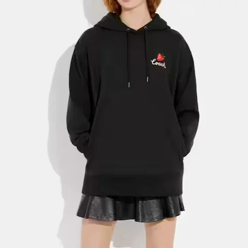 Felpa con cappuccio Coach donna nera oversize firmata fragola (CG661) taglie XL nuova con etichette