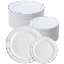 Disposable Plastic Plates with Silver Rim 7.5"/10.25" Heavy Duty Dinner Plates