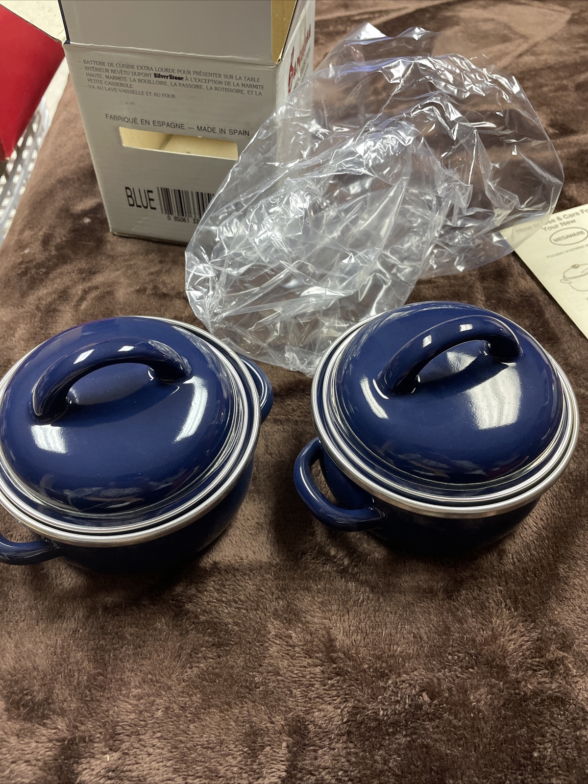 Megaware Cookware Cobalt Blue Enamel Covered Pots .5 Qt Spain Set of 2