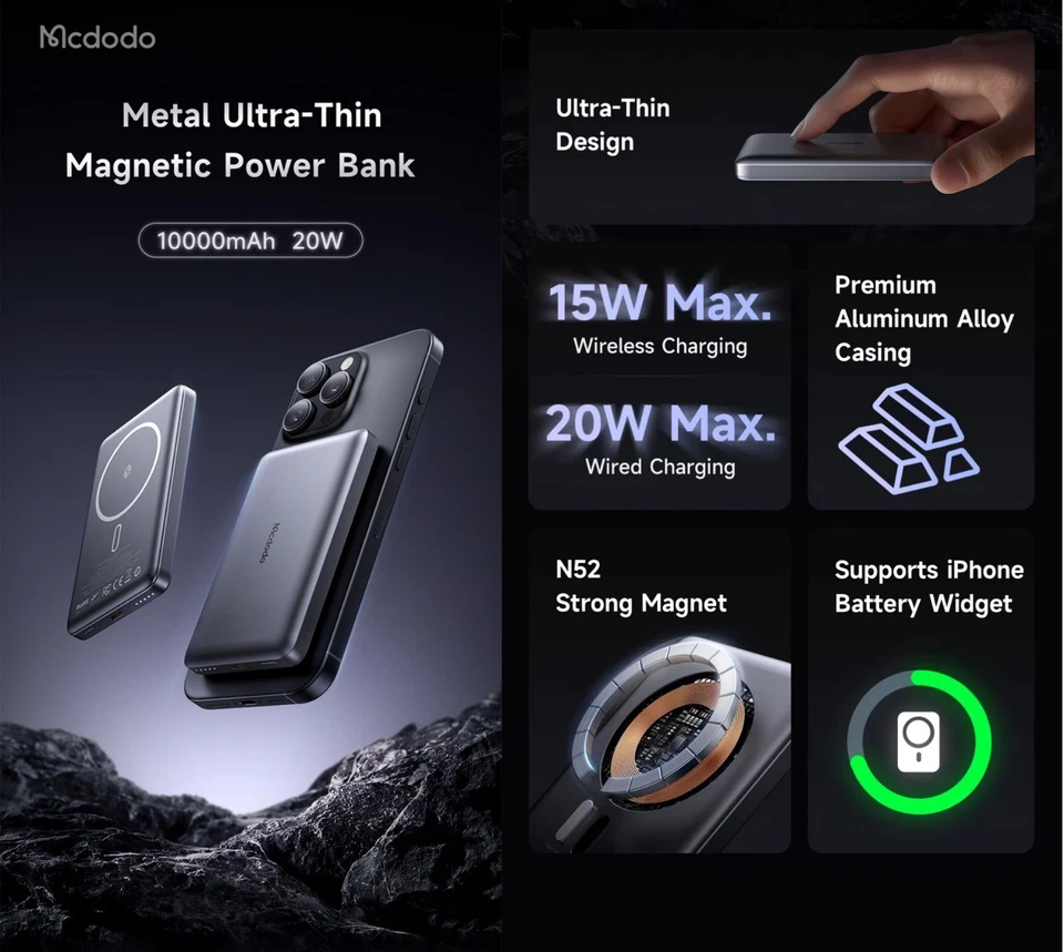 Banco de alimentación inalámbrico magnético Mcdodo 10000 mAh 20 W cargador rápido de metal delgado Foto 3 de 4