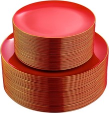 100PCS Red Plastic Plates Disposable Heavy Duty - Include 50 Dinner / 50 De