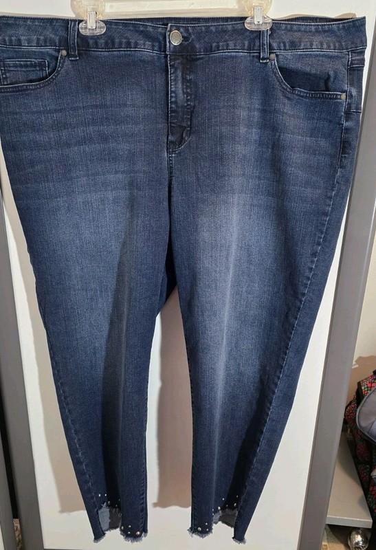 Avenue Womens Size 24A Jeans Denim Skinny Stretch Tummy Control Frayed Hem Studs