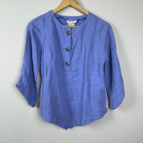 Barbara Lesser Linen 2 Pc Cropped Set Blue Small Coastal Lagenlook Lagom Pants - Picture 6 of 12