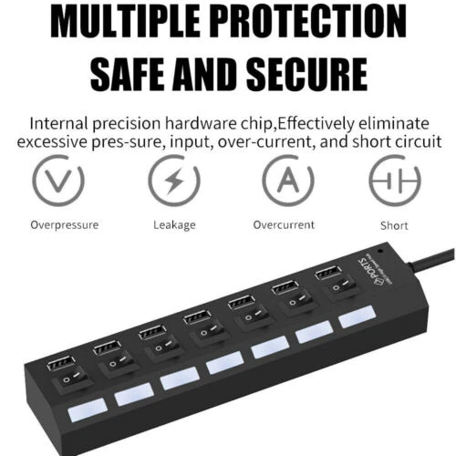 2X USB Hub 7 Port On/Off Switch High Speed Splitter AC Adapter Cable PC Laptop