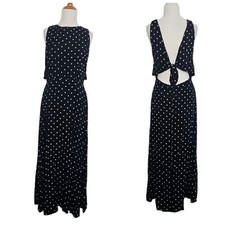 Vintage Women Euro Girl Summer Polka Dot Maxi Dress Tie Back Black Chic Rayon 7