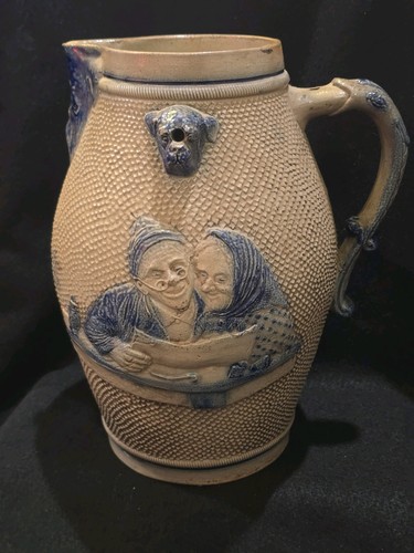 1800s Whites Utica Stoneware Stein Mug 2L 10.5" Mam/Woman Reading Paper Dog Face