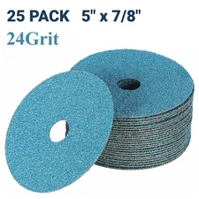 25 Pack 5" Heavy-Duty Zirconia Resin Fiber Disc 24 Grit Sanding Grinding Discs