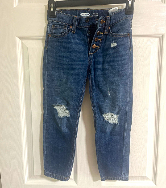 Old Navy Girls Boyfriend Jeans Size 8 Blue Denim Medium Wash Button Fly Ripped