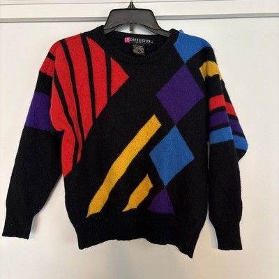 Vtg 80s IB Diffusion Sport Geometric Color Block Lambswool Angora Sweater Medium
