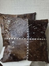 Pair Real Leather Hide Cushion Covers With Fillers Dark Brown
