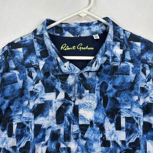 Robert Graham Poloshirt Herren 2XL Blau Geometrisch Tetris Blöcke Golf Performance