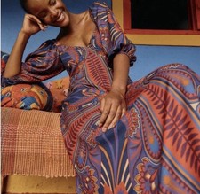 Farm Rio Macaw Arabesque Maxi Boho Floral Whimsi Dress Puff Sleeve V-neck M
