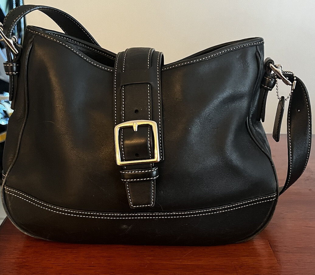 Vintage Coach 7583 Hampton Black Leather Buckle Flap Zipper Shoulder