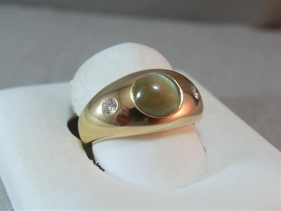 ANILLO MEÑIQUE GITANO DIAMANTE CRISOBERILO OJO DE GATO ORO 14KT PARA HOMBRE #K1390.17 Foto 2 de 4