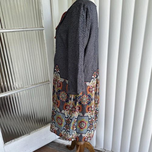 Loobie’s Story Silk Dress Womens 12 Grey Orange Floral Midi Shift 3/4 Sleeve - Picture 5 of 19