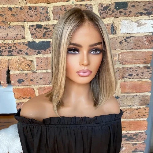 Short Straight Bob Lace Front Wigs Remy Human Hair Wig Dark Ash Blonde Highlight - Picture 4 of 7