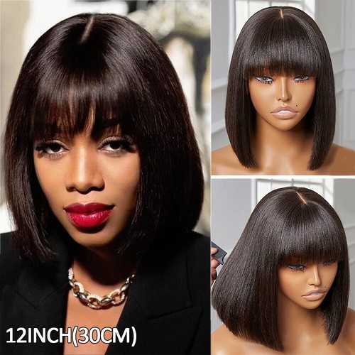 12" Short Yaki Wig Straight Bob Wigs Lace 100% Women Remy Human Hair Wigs Black