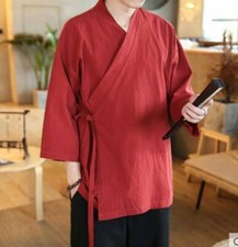 Men's 3/4 Sleeved Hanfu Chinese Style Robe Zen Ethnic Retro Lace Up Jacket