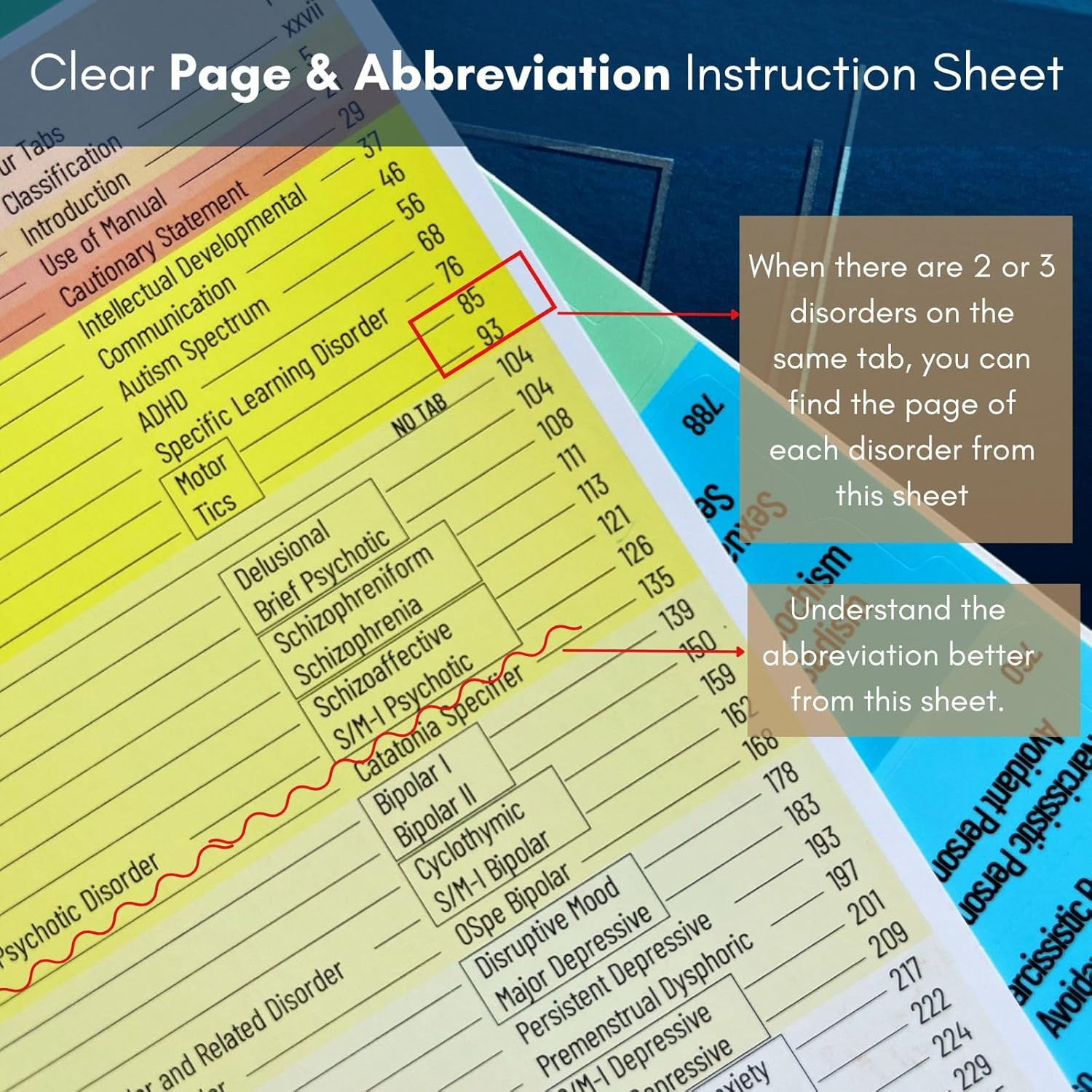 Index Tabs for DSM-5-TR, 94 Printed DSM-V-TR Tabs and 18 Blank Tab Stickers, wit
