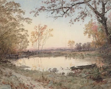 Vintage Fall Pond Landscape Painting Giclee Print on Fine Art Paper