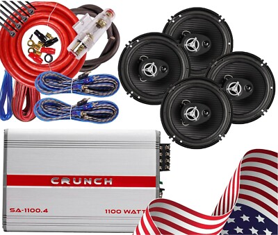 4x Power Acoustik EF-653 6.5  400W Speakers + Crunch SA-1100.4 Amp + 4CH Amp Kit