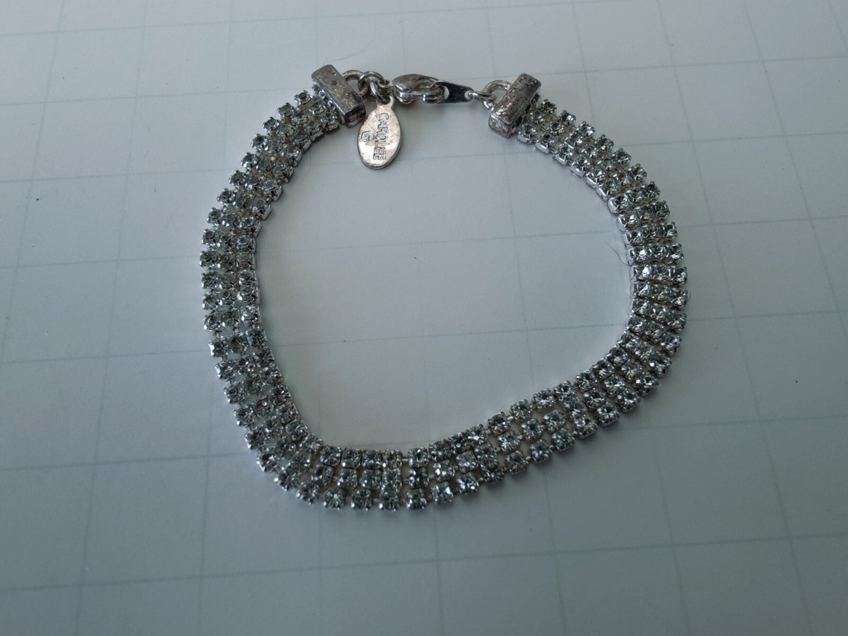 ◆HYERES LOR◆ Essence Silver (P) Crown Tennis Bracelet 3mm VTG Carolee Silver 3 Row Rhinestone Tennis Bracelet Signed 7