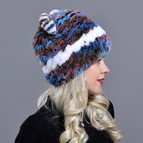 Echt Fell Mütze mit Ohren Kaninchen Hut Damen Schneekappe Strickmütze Beanie - Bild 3 von 12