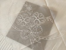 WHITE on WHITE Embroidered Florals Fabric Tablecloth Overlay 67 x 87 NEW